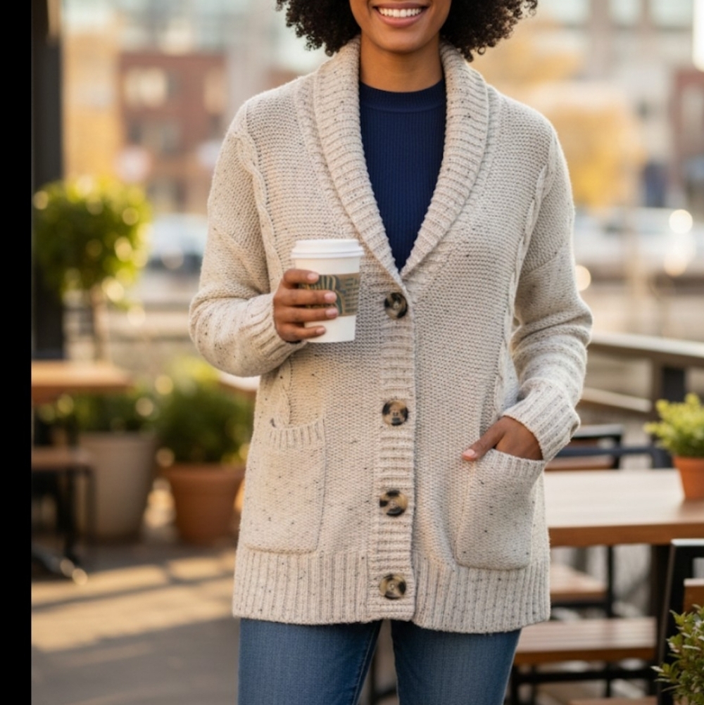 ModCloth Speckled Oatmeal Cable Knit Cardigan Shawl Collar Grandpacore Cottageco